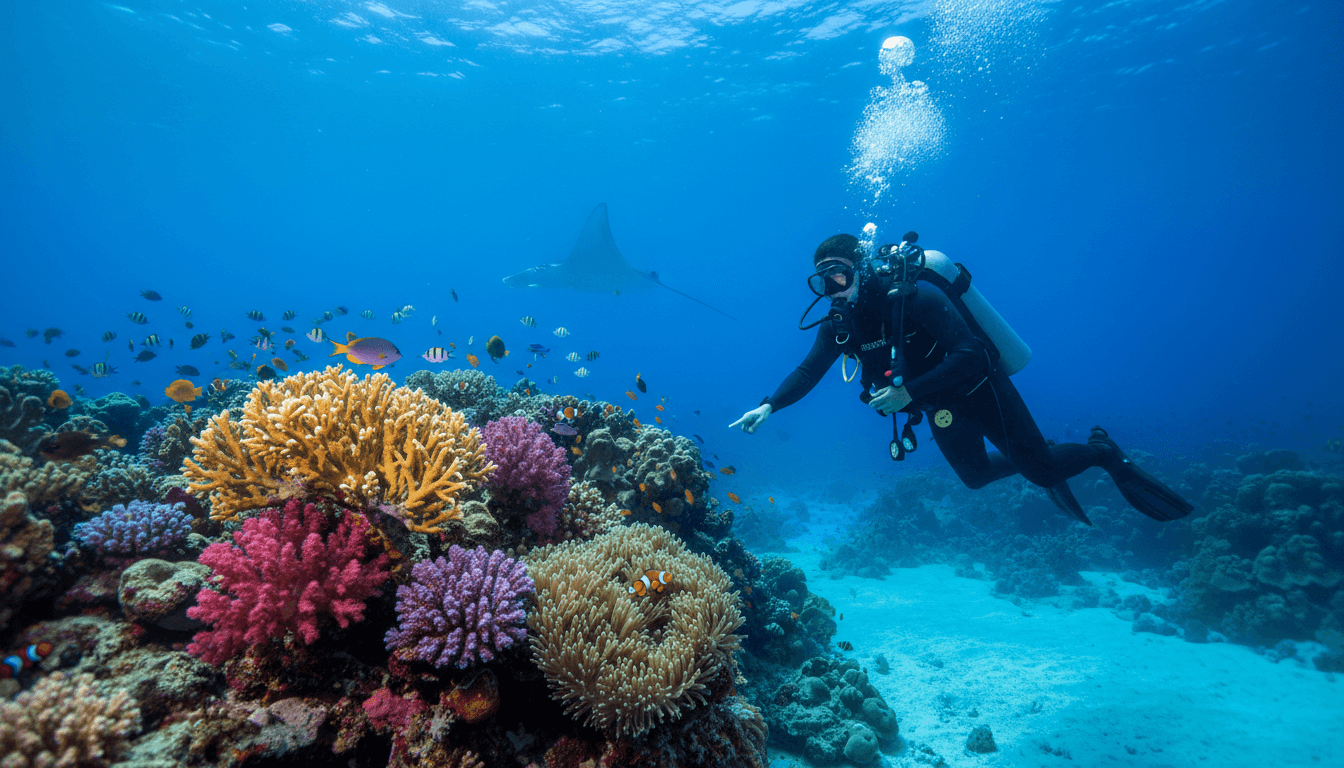 Scuba diver exploring vibrant coral reef with tropical fish in crystal clear water