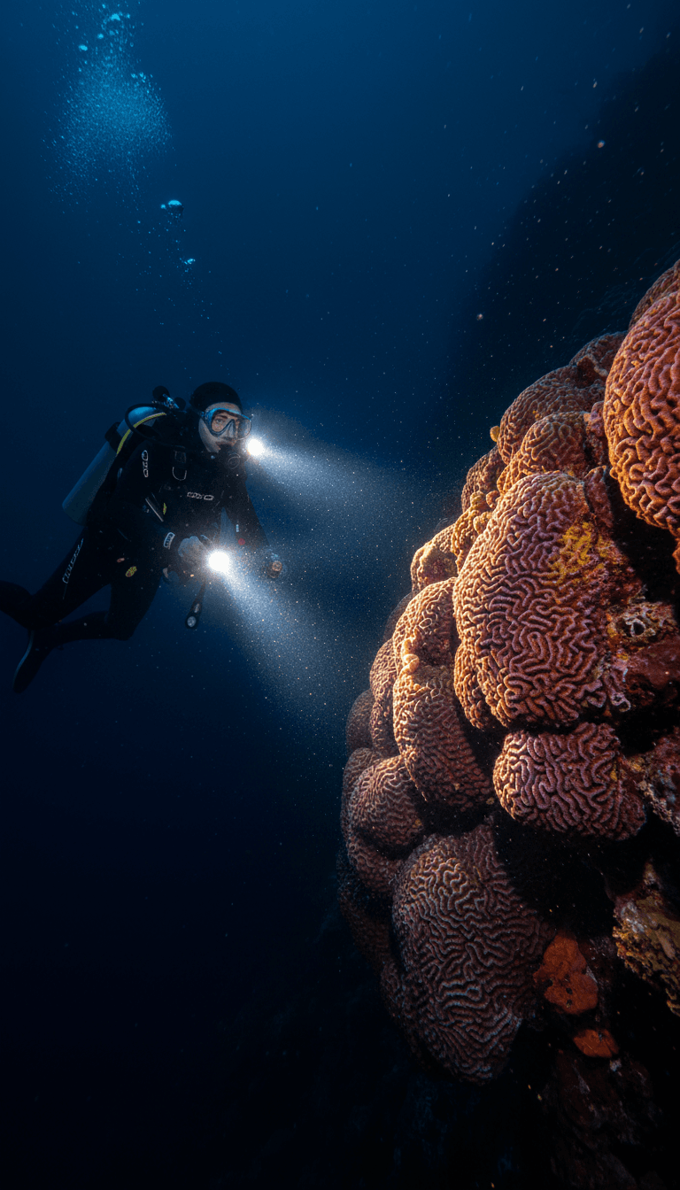 Night diver with light exploring coral formations in deep water
