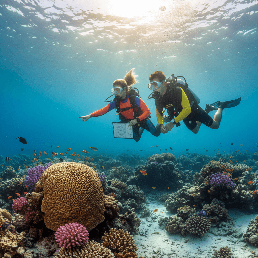 Diving instructor and student exploring reef together