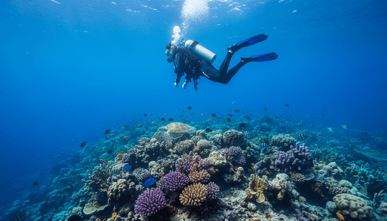 Scuba diver descending into clear tropical waters