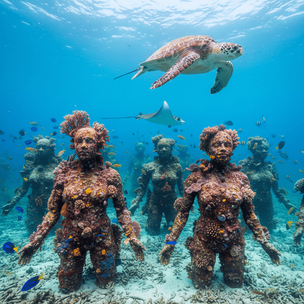 Underwater Museum of Art with coral-covered sculptures and marine life in clear blue water