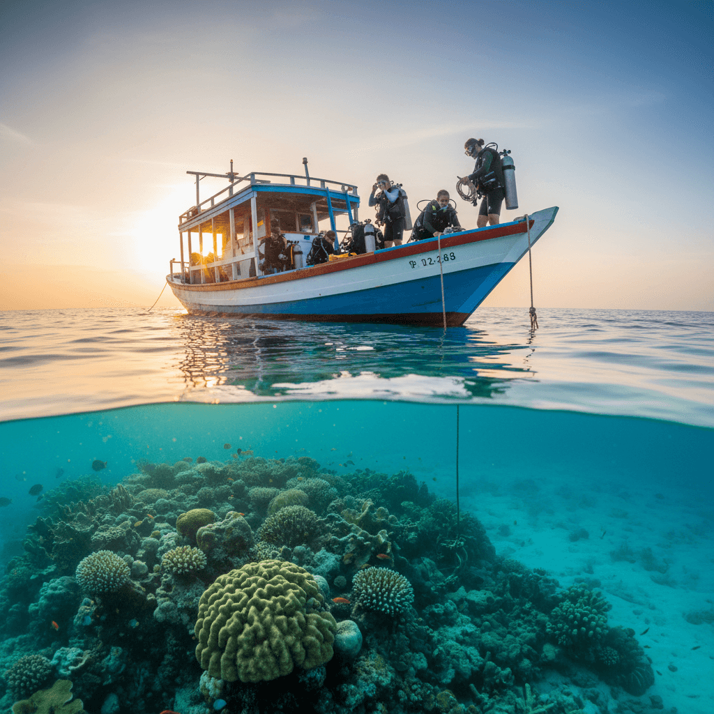 Dive boat anchored at reef with divers preparing