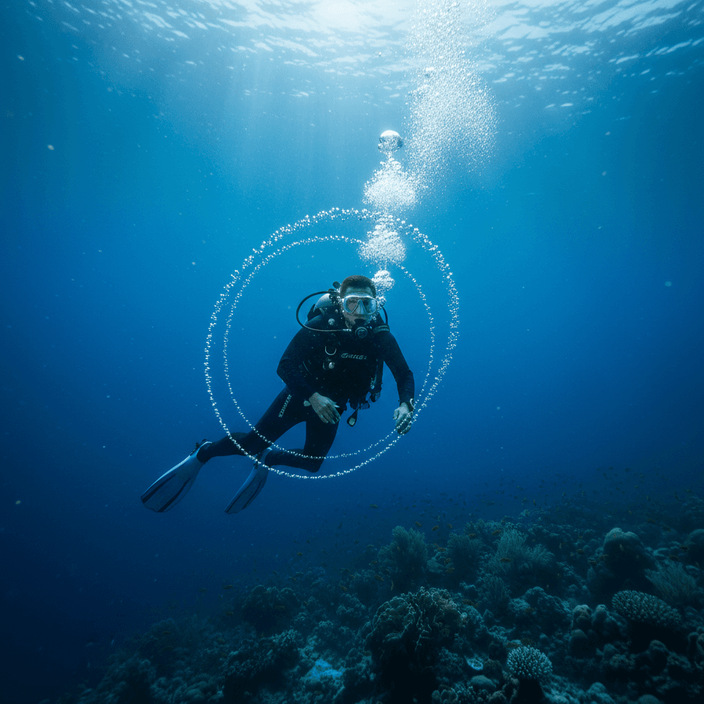 Scuba diver descending into blue tropical waters