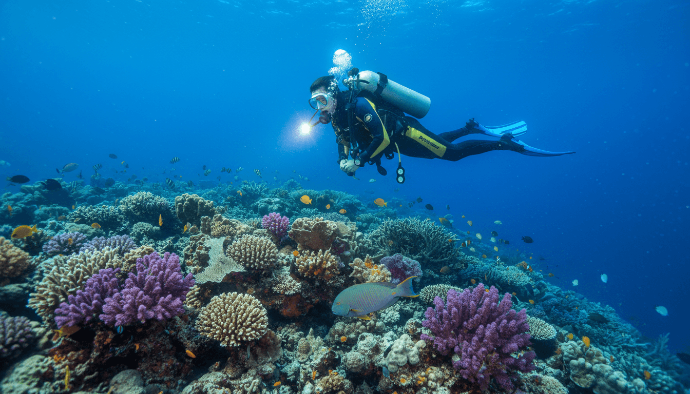 Scuba diver exploring vibrant coral reef underwater in clear tropical blue water