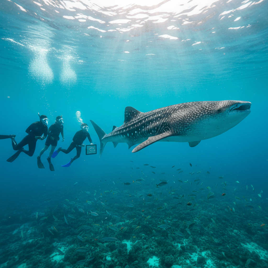 Snorkelers observing a whale shark in clear waters of Isla Mujeres