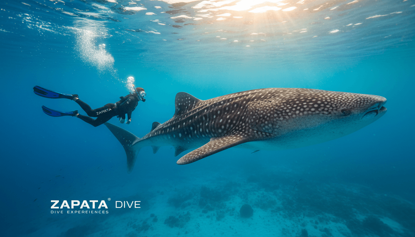Snorkeler swimming alongside a massive whale shark in clear turquoise water off Isla Mujeres