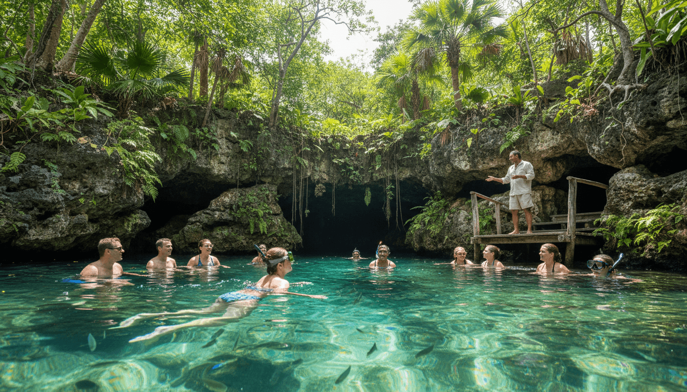 Diverse tourists swimming and snorkeling in turquoise cenote water with limestone cliffs and professional guide on wooden platform