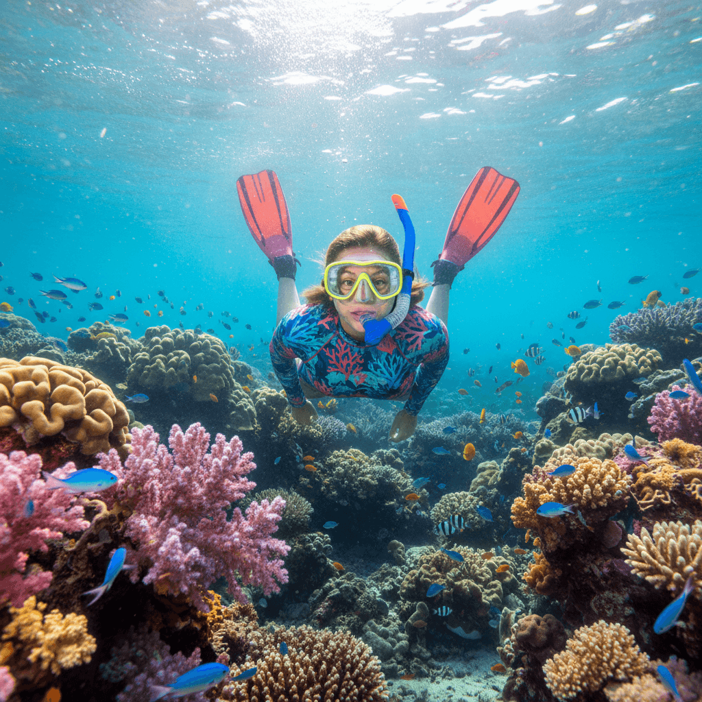 Snorkeler surrounded by vibrant coral reef and colorful tropical fish underwater in clear ocean