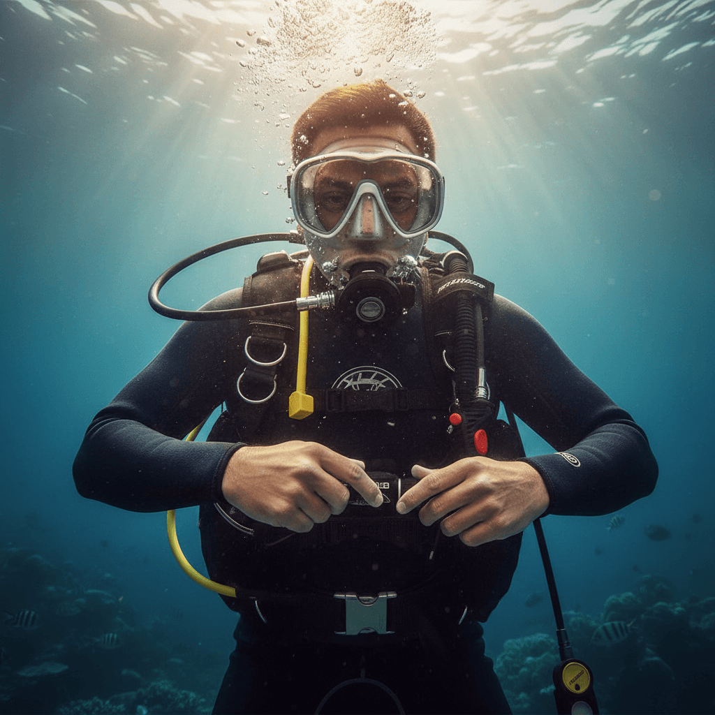 Diver's hands adjusting buoyancy compensator underwater with sunlight streaming through clear blue ocean water