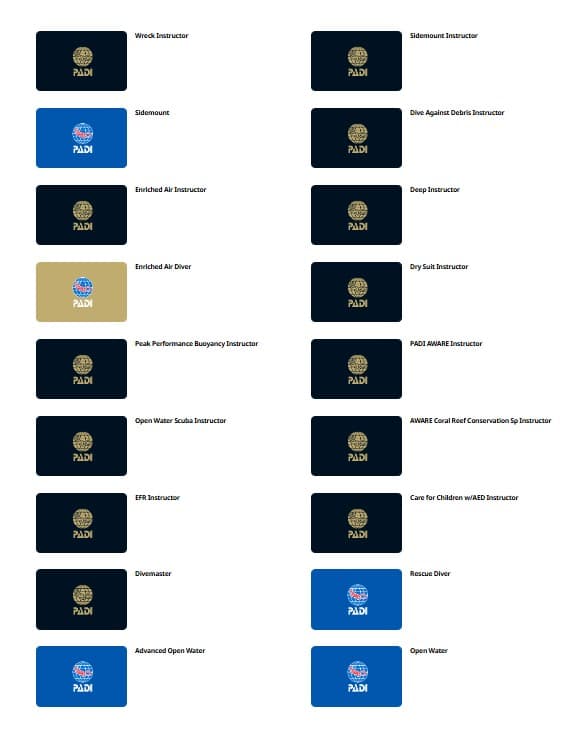 PADI certification cards for various diving levels and instructor specialties in black, blue, and gold.