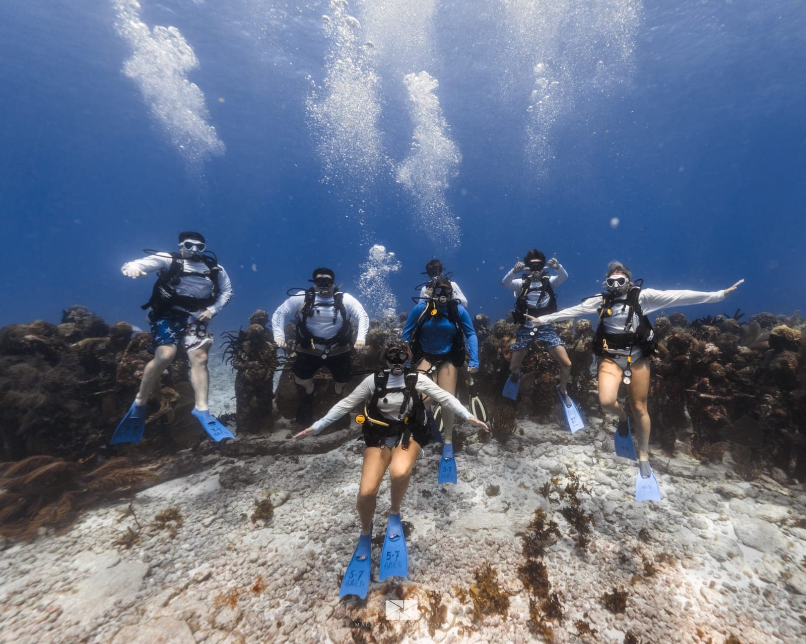 Six scuba divers in white shirts pose underwater near a reef with bubbles rising up.